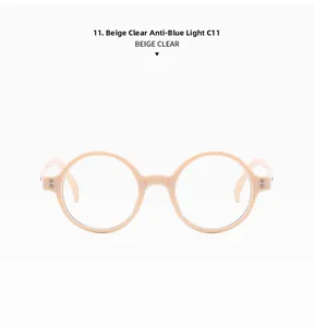 Détail de monture ronde beige avec verres anti-lumière bleue, modèle C11 lunettes