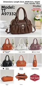 Detailed views of crossbody bag showing dimensions 25x8x15cm and five color options