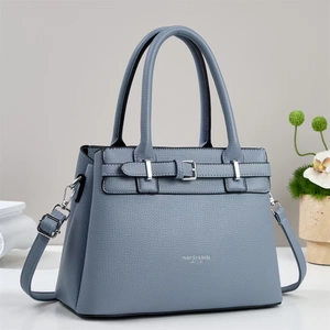 Chic foggy blue lychee leather tote bag with round handles and adjustable shoulder strap