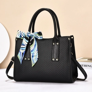 Women Woven Texture PU Leather Shoulder Bag Large Capacity Commuter Tote With Decorative Scarf And Gold Rivets