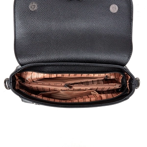 Detail of the multi-layer storage with zippers in a black lychee texture bag