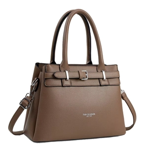 Brown litchi leather handbag for women featuring decorative buckles and twin handles