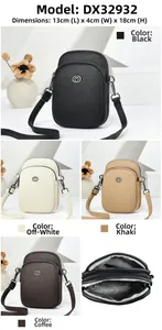 Litchi pattern leather crossbody bag detail in four colors with heart logo and size info