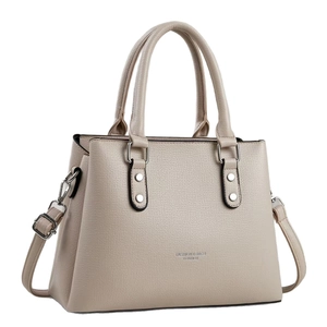 Chic beige lychee grain leather tote bag with silver hardware and adjustable strap