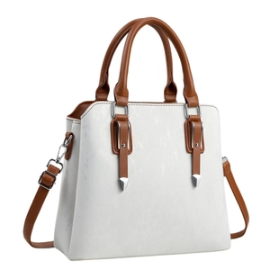 Elegant white leather handbag with brown handles and adjustable shoulder strap for women