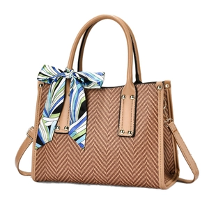 Brown herringbone woven commute tote bag with silk scarf and leather straps