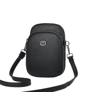 Minimalist black pebble leather crossbody phone bag with silver logo and adjustable strap