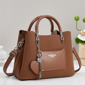Brown woven leather handbag with Fashion Queen print and heart key charm decoration