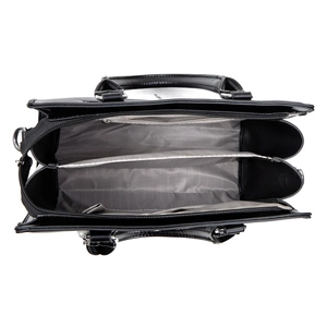 Top view of black leather tote bag showing three interior compartments and herringbone lining