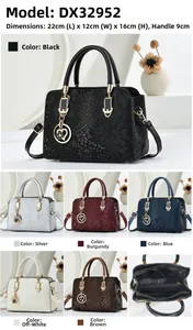 Detail view of stylish snake pattern handbags in six colors with gold heart pendants