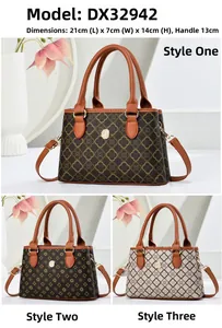 Detail view of stylish tote bags with 21x7x14cm size specs and classic floral patterns