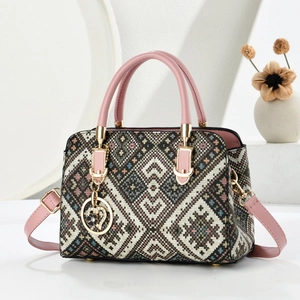 Women Crossbody Bag Ethnic Geometric Weaving Fabric Handbag PU Leather Handle Heart Pendant Bohemian Style Fashionable
