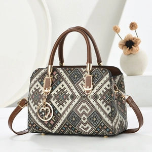 Bohemian style textured handbag for women with geometric pattern and heart charm
