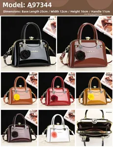 Detailed grid of patent leather crossbody bags in seven colors with size specifications
