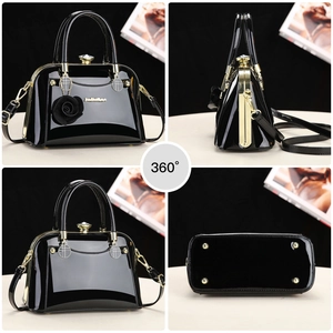 Four-angle view of black patent leather shell bag with gold hardware and floral detail