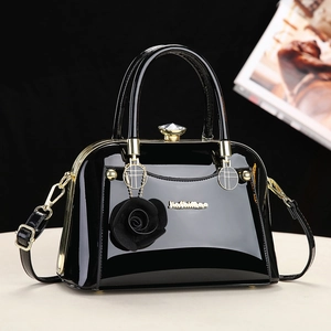 Elegant Shell Handbag Patent PU Leather High Gloss Rose Flower Pendant Crystal Lock Gold Hardware Top Handle Daily Gift