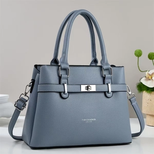 Grey-blue leather tote bag with top handles and adjustable strap for women