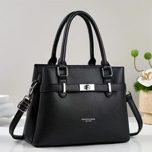 Chic black litchi pattern tote bag with silver lock and adjustable shoulder strap