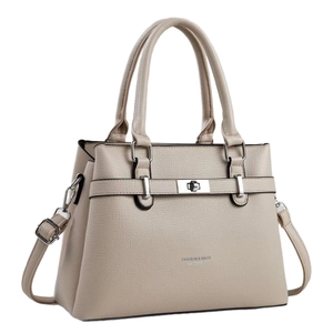 Chic beige textured faux leather handbag with silver twist lock and dual top handles