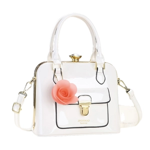 2025 Winter white patent leather handbag with gold hardware and coral flower pendant