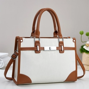 Women Handbag PU Leather Large Capacity Shoulder Crossbody Bag Casual Office Retro Contrast Color Textured Metal Lock