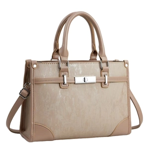 Retro contrast color tote bag with vertical stripes and adjustable shoulder strap