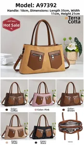 Detail view of large crossbody handbag in various colors with dimension labels