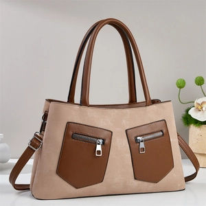 Elegant khaki suede and brown leather handbag with silver zippers for women