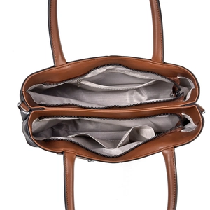 Internal view of the handbag showing double zip compartments and grey herringbone lining
