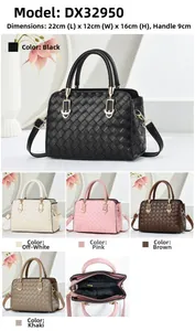 Detail view of woven leather handbag in five colors with size specs and metal clasp