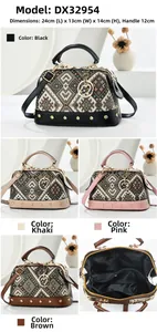 Detail view of bohemian jacquard handbag showing internal compartments and size parameters