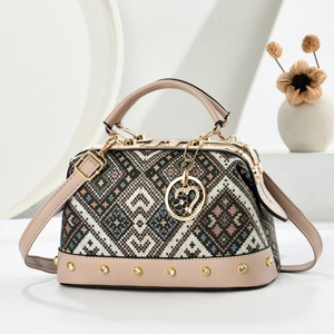 Vintage geometric jacquard doctor bag with brown leather trim and gold hardware details