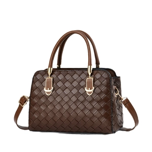 Vintage dark coffee woven handbag for women with gold hardware and top handle strap