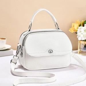 Elegant white litchi pattern leather satchel with top handle and silver hardware
