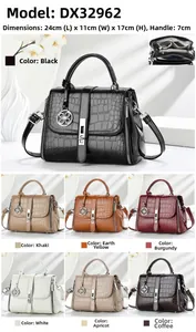 Detail view of crocodile pattern faux leather handbag with dimensions and color options