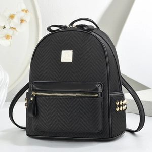 Women Fashion Backpack PU Leather Woven Herringbone Pattern Chic Mini Trendy Ladies Travel Casual Bag Golden Rivets Bow