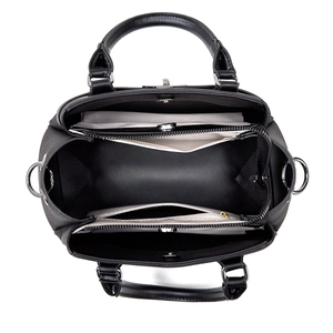 Top-down view showing interior compartments and zipper pocket of black handbag
