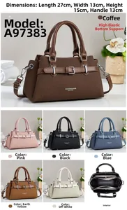 Detailed view of bicolor handbag interior and size dimensions 27x13x15 cm for women