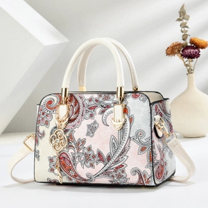 White paisley printed satchel bag with golden hardware and adjustable strap for women