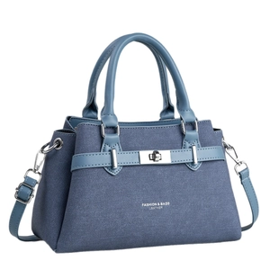 Blue-gray denim texture handbag with leather trim and metal swivel lock for women