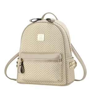 Mini beige backpack with herringbone woven texture and gold metal logo plaque