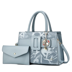 Large Capacity Women PU Leather Handbag Tote Letter Print Square Buckle Shell Charm And Small Pouch Matching Bags