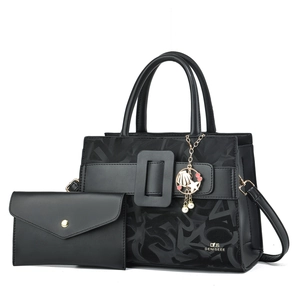 Black large tote bag and clutch set with letter pattern and pearl shell pendant