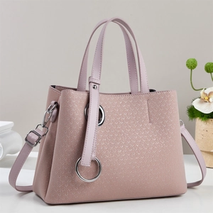 Women Shoulder Bag PU Leather Woven Texture Large Capacity Handbag With Silver Metal Ring Trendy Commuter Style