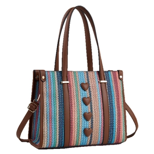 Borsa tote in tessuto a righe colorate con cuori in pelle e tracolla rimovibile