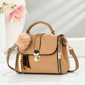 Chic khaki PU leather crossbody square bag with metal clasp and decorative bead charm