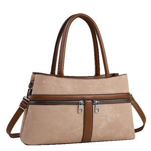 Elegant beige suede handbag with brown leather trim and dual front zippers in a front view