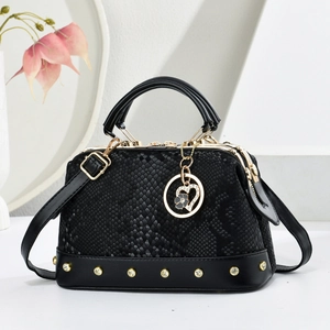 Women Crossbody Handbag Snake Pattern PU Leather Gold Rivet Doctor Bag Heart Charm Elegant Retro Shoulder Bag