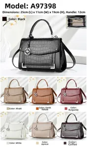 Detail view of crocodile pattern handbag showing dimensions and seven stylish color options