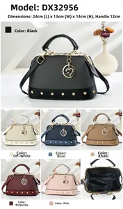 Detailed views of multi-compartment doctor style handbags in six elegant colors